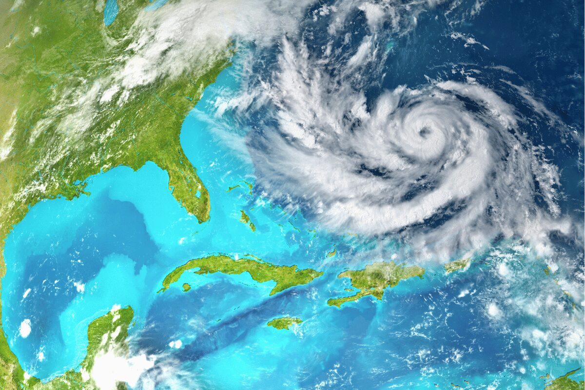 Satellite-style view of a hurricane over the Atlantic Ocean east of Florida and the Bahamas.